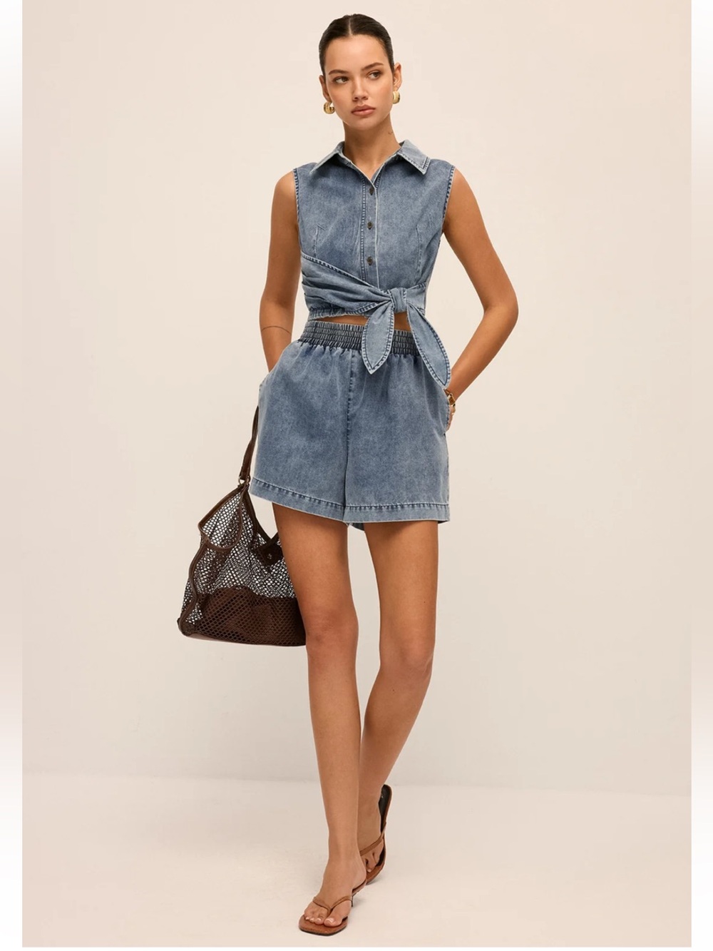 Commense Denim Tie-Waist Sleeveless Shirt & Shorts Set Size Large NWT